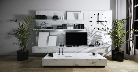 modern Tv on granite cabinet shelf in zen room interior background 3d rendering