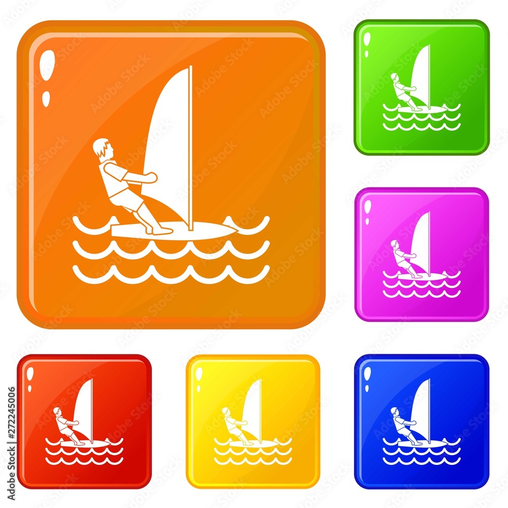 Poster man on windsurf icons set collection vector 6 color isolated on white background