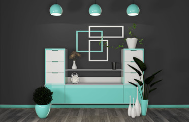 cabinet in modern mint and black room Japanese - zen style,minimal designs. 3D rendering