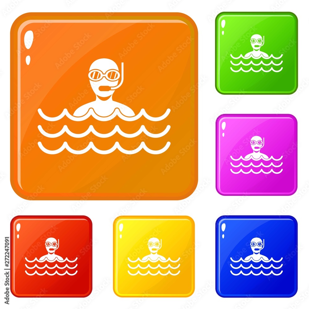 Poster man with scuba icons set collection vector 6 color isolated on white background