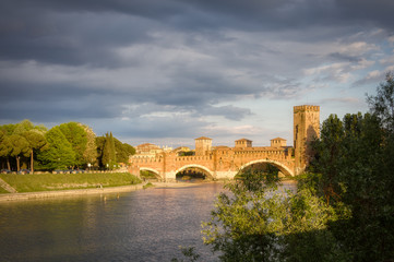 The Castelvecchio bridge, also known as the Scaliger bridge, is a Verona bridge on the Adige river, Italy