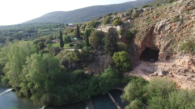 Aerial view of Cave of Banias, Hermon River, ancient ruins. Israel. DJI-0018-04