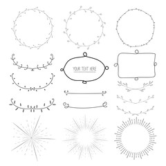 Collection of hand drawn decorative calligraphic elements, Bursting rays, Wreaths, Botanical round frame, Vector illustration.