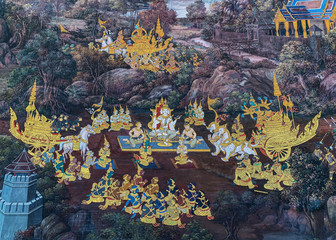 Art wall on the myth of Ramayana story in the grand palace of bangkok Thailand 