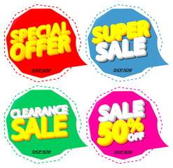 Set Sale speech bubble banners, discount 50% off, promotion tags design template, app icons, vector illustration