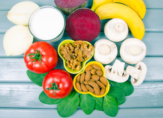 Healthy products and ingredients as source vitamin B7 (biotin), dietary fiber and natural minerals, concept of nutritious eating.