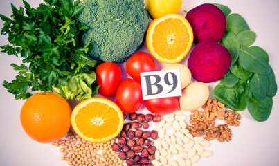 Healthy products and ingredients as source vitamin B9 (acidum folicum), natural minerals, concept of nutritious eating.