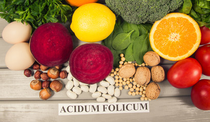 Healthy products and ingredients as source vitamin B9 (acidum folicum), natural minerals, concept of nutritious eating.