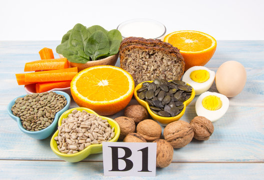 Ingredients containing vitamins B1 (thiamine). Healthy eating concept.