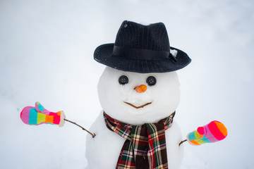 Snowman the friend is standing in winter hat and scarf with red nose. Cute little snowman outdoor....