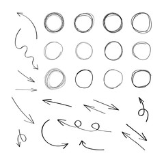 Vector Set of Hand Drawn Elements, Scribble Circles and Arrows, Black Drawings Isolated.