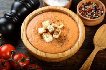 Obraz na płótnie Canvas Spicy Homemade Gazpacho Soup Ready to Eat