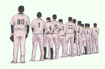 Illustration of baseball team standing in line at beginning of game