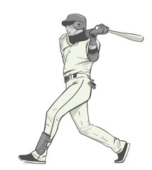 Illustration of baseball player striking with bat during game