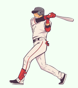 Illustration of baseball player striking with bat during game