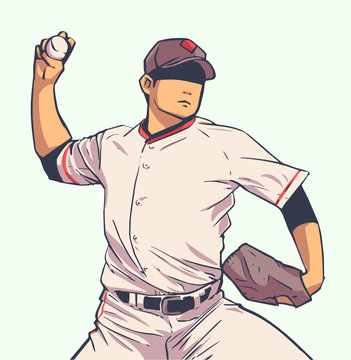 Illustration of baseball player throwing ball during game