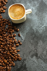 coffee freshly brewed in a white cup serving of beverage (coffee grain). food. top.copy save