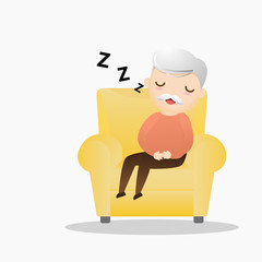 Old man sleeping in an armchair. Cute grandpa sleeping on sofa.vector, illustration.