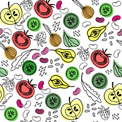 Han drawn seamless pattern for surface design. Healthy foods and vegetarian foods theme. Fruit, vegetables, beans, seeds