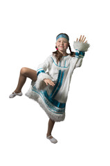 Teenager girl dancing in national costume of the peoples of the North. Isolated. Studio photography.
