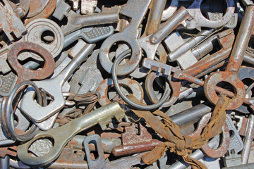 Many old and rusted keys for the background. To find the key or password.
