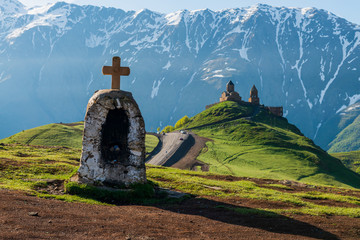 Church of the Holy Trinity in the mountains of Georgia, Stepantsminda and Mount Kazbek