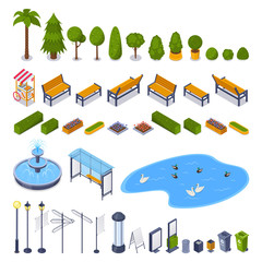 City streets and public park 3d isometric design elements. Vector urban outdoor landscape icons. - obrazy, fototapety, plakaty