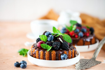 Cake in chocolate glaze with berries. Selective focus. Sweet summer dessert.