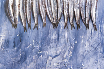 Fish pattern. Fresh anchovies on blue sea effect background. Trendy food concept