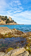 Fototapeta na wymiar Lloret de Mar Castell Plaja at Sa Caleta beach in costa Brava of Catalonia Spain