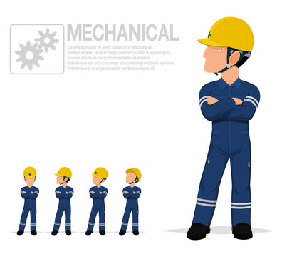 Mechanical worker in mechanic jumpsuit are posing folded arm on transparent background.