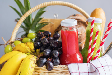 Basket filled food fruit striped plaid Picnic summer