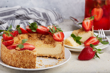 Cheesecake with strawberries. Sweet homemade dessert.