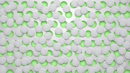 Abstract background of holes and circles with shadows in green and white colors