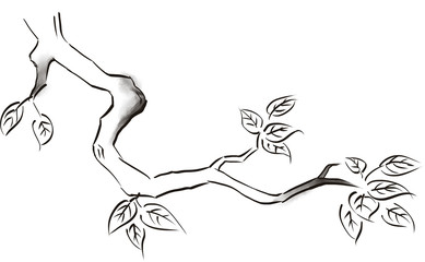 Imitation of ink painted branches in black and white with leaves