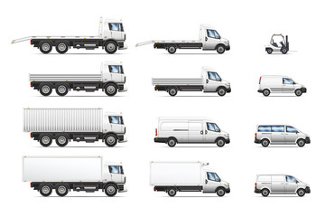 Vector illustrations set of commercial transportation trucks.