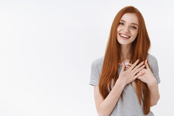 You stuck my heart. Charming lively tender feminine young redhead girl flirting look pleased...