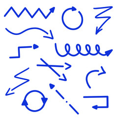 Abstract blue Arrows set. Doodle handmade marker style. Isolated Sketch collection illustration for note, business plan, graphic presentation, prints, textiles, wrapping, wallpaper, website. Vector.