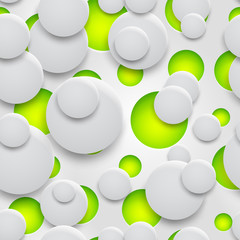 Abstract seamless pattern of holes and circles with shadows in white colors on green background