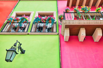 Monterrey, colorful historic buildings in the center of the old city (Barrio Antiguo) at a peak tourist season