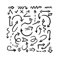 Isolated vector black hand drawn arrows set on a white background. Bold Rough doodle style design Elements with textures.