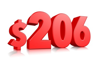 206$ Two hundred six price symbol. red text number 3d render with dollar sign on white background