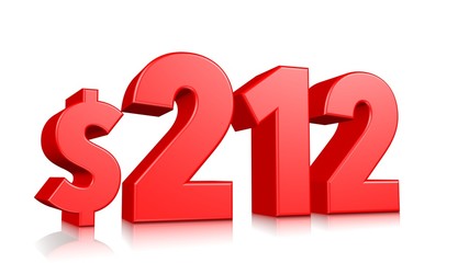 212$ Two hundred and twelve price symbol. red text number 3d render with dollar sign on white background