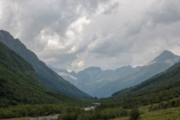 Panorama view on mountains with river scene in national park of Dombay