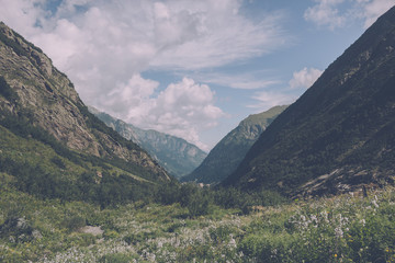 Panorama view of mountains scene in national park of Dombay, Caucasus, Russia