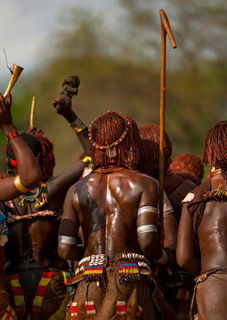 Hamer tribe women dancing during bull jumping ceremony, Turmi, Omo valley, Ethiopia