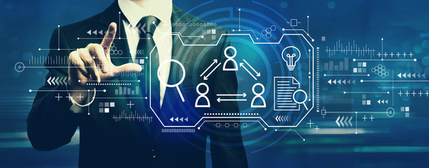 Human resources theme with businessman on a dark blue background