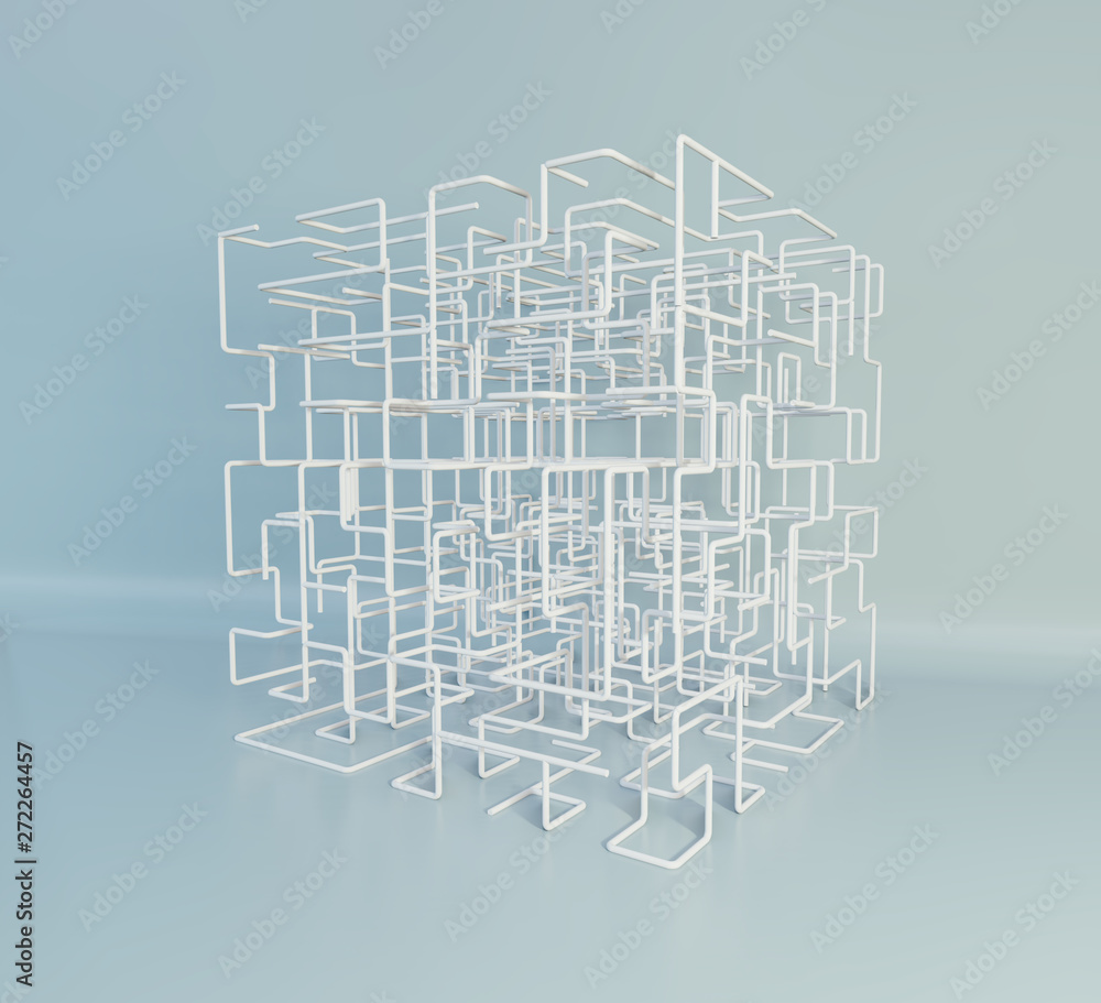 Poster isometric 3d cubical shape. maze boxes background. 3d rendering.