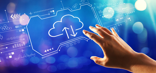 Cloud computing with hand pressing a button on a technology screen