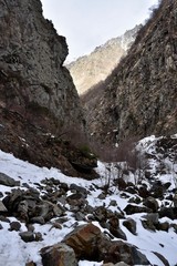 Fototapeta na wymiar Rocky, Snowy Caucasus Canyon Path, Georgia